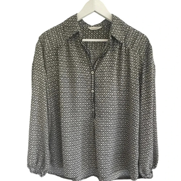 Max Studio 3/4 Button Down Geometric Blue White Blouse Size Medium - Picture 1 of 7